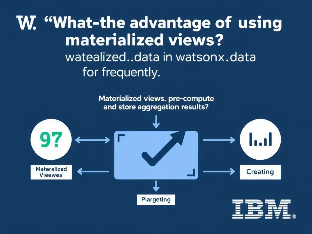 Educational infographic for IBM watsonx.data certification showing 'What is the advantage of using materialized views in watsonx.data for frequently'. Illustrate the concept of 'Materialized views pre-compute and store aggregation results' with a clean technical diagram, data flow arrows, and labeled components on a dark blue background with IBM styling.