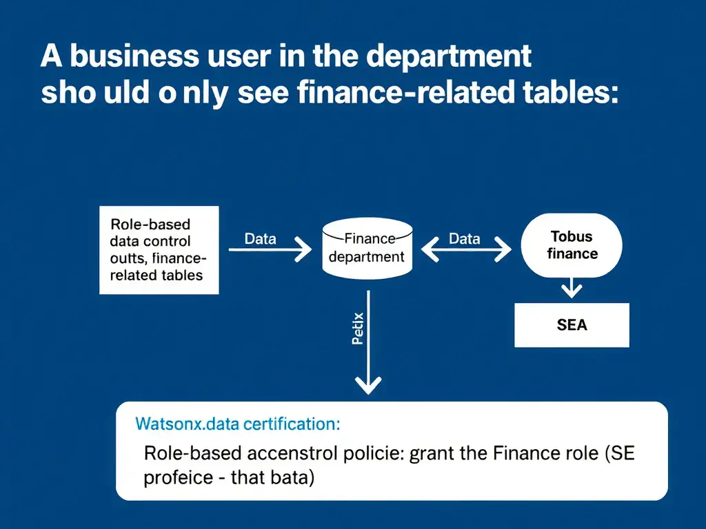 Educational infographic for IBM watsonx.data certification showing 'A business user in the Finance department should only see finance-related tables'. Illustrate the concept of 'Role-based access control policies grant the Finance role SE' with a clean technical diagram, data flow arrows, and labeled components on a dark blue background with IBM styling.