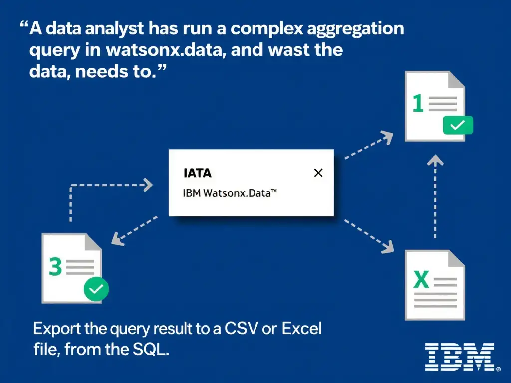 Educational infographic for IBM watsonx.data certification showing 'A data analyst has run a complex aggregation query in watsonx.data and needs to '. Illustrate the concept of 'Export the query result to a CSV or Excel file from the SQL ' with a clean technical diagram, data flow arrows, and labeled components on a dark blue background with IBM styling.