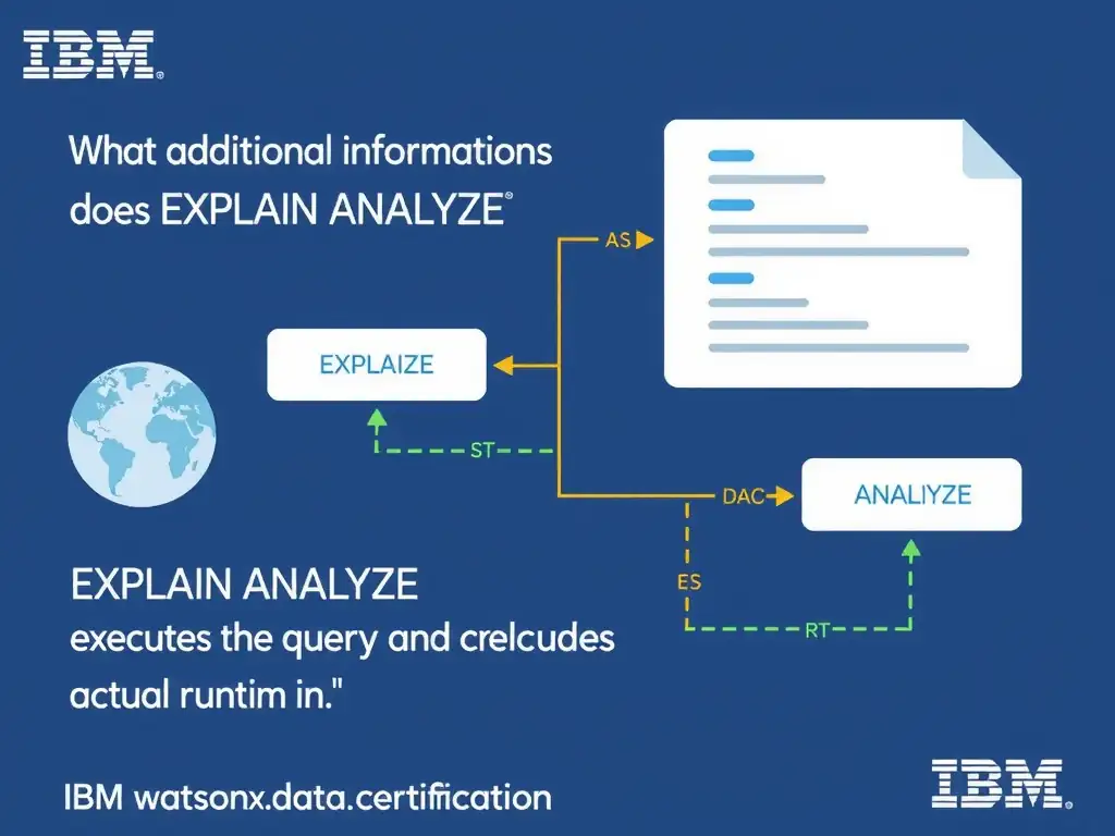 Educational infographic for IBM watsonx.data certification showing 'What additional information does EXPLAIN ANALYZE provide compared to EXPLAIN in '. Illustrate the concept of 'EXPLAIN ANALYZE executes the query and includes actual runti' with a clean technical diagram, data flow arrows, and labeled components on a dark blue background with IBM styling.
