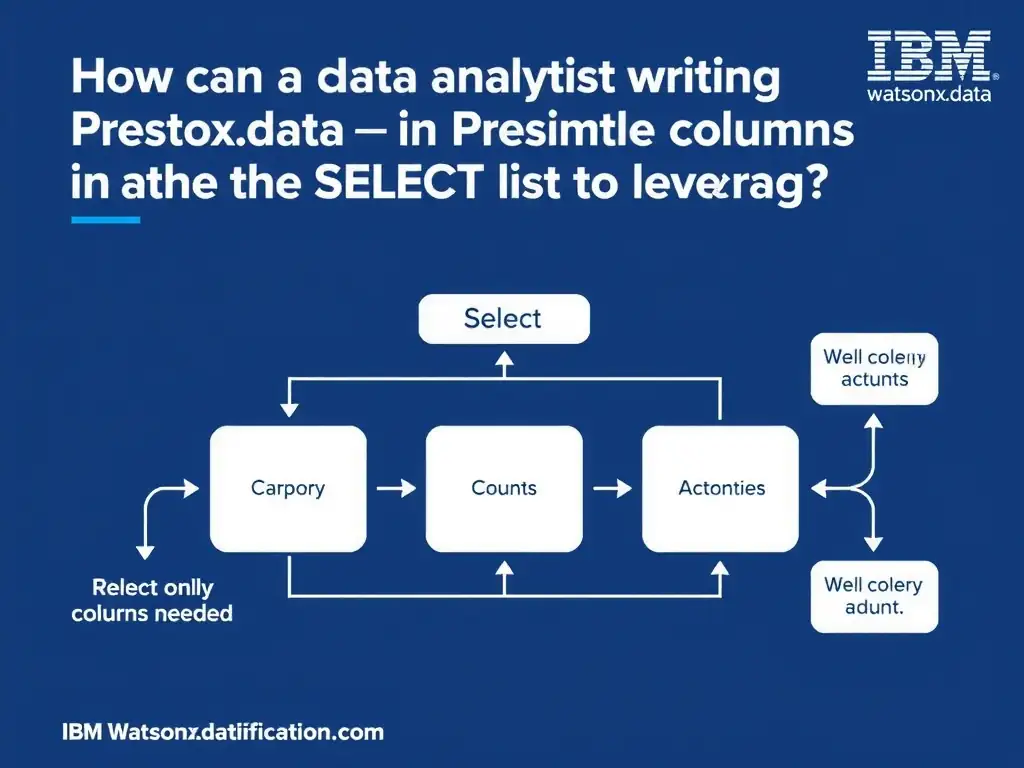 Educational infographic for IBM watsonx.data certification showing 'How can a data analyst writing Presto queries in watsonx.data reduce the amount '. Illustrate the concept of 'Select only the columns needed in the SELECT list to leverag' with a clean technical diagram, data flow arrows, and labeled components on a dark blue background with IBM styling.