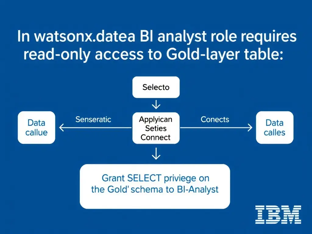 Educational infographic for IBM watsonx.data certification showing 'In watsonx.data; a BI analyst role requires read-only access to Gold-layer table'. Illustrate the concept of 'Grant SELECT privilege on the Gold schema to the BI Analyst ' with a clean technical diagram, data flow arrows, and labeled components on a dark blue background with IBM styling.