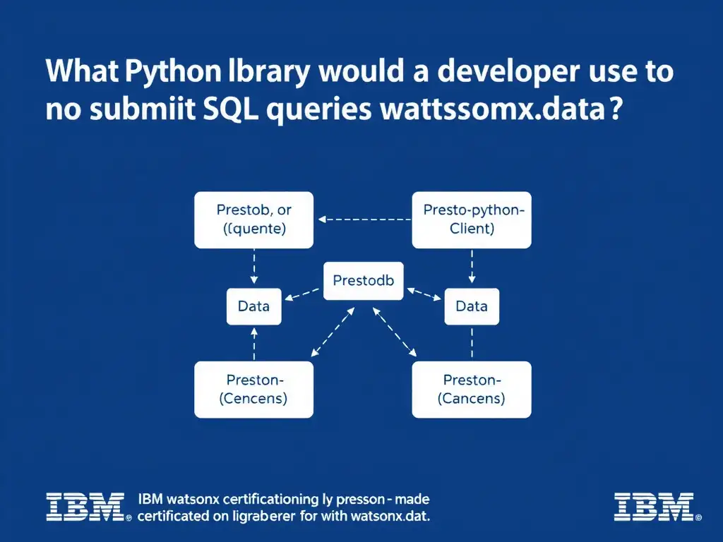 Educational infographic for IBM watsonx.data certification showing 'What Python library would a developer use to submit SQL queries to watsonx.data '. Illustrate the concept of 'prestodb or presto-python-client configured with watsonx.dat' with a clean technical diagram, data flow arrows, and labeled components on a dark blue background with IBM styling.