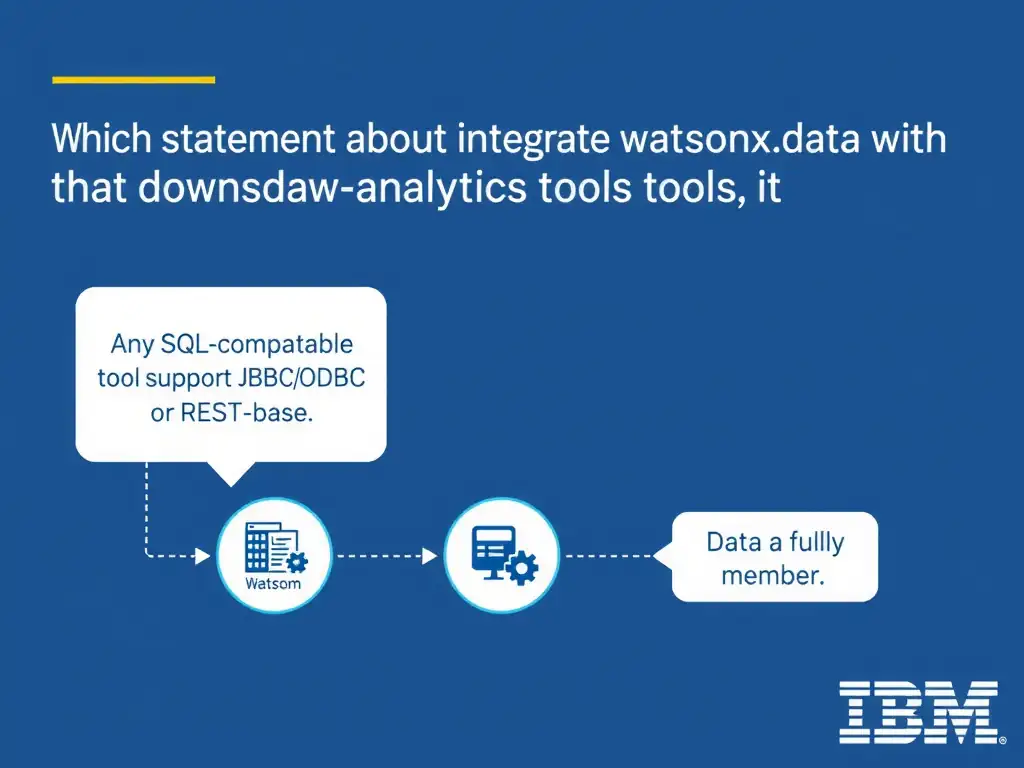 Educational infographic for IBM watsonx.data certification showing 'Which statement about integrating watsonx.data with downstream analytics tools i'. Illustrate the concept of 'Any SQL-compatible tool that supports JDBC/ODBC or REST-base' with a clean technical diagram, data flow arrows, and labeled components on a dark blue background with IBM styling.