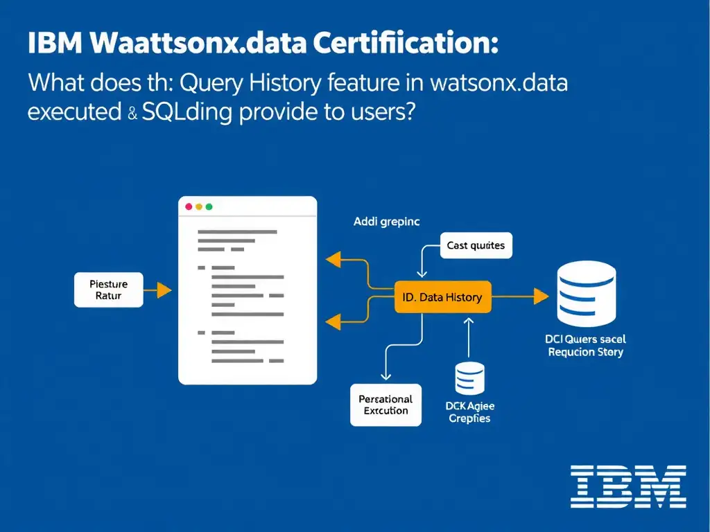 Educational infographic for IBM watsonx.data certification showing 'What does the Query History feature in watsonx.data provide to users'. Illustrate the concept of 'A record of previously executed SQL queries including their ' with a clean technical diagram, data flow arrows, and labeled components on a dark blue background with IBM styling.