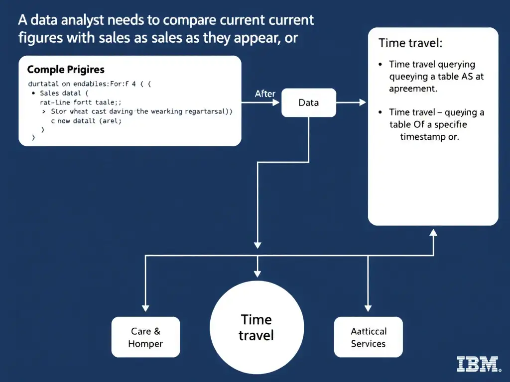 Educational infographic for IBM watsonx.data certification showing 'A data analyst needs to compare current sales figures with sales as they appeare'. Illustrate the concept of 'Time travel — querying a table AS OF a specific timestamp or' with a clean technical diagram, data flow arrows, and labeled components on a dark blue background with IBM styling.