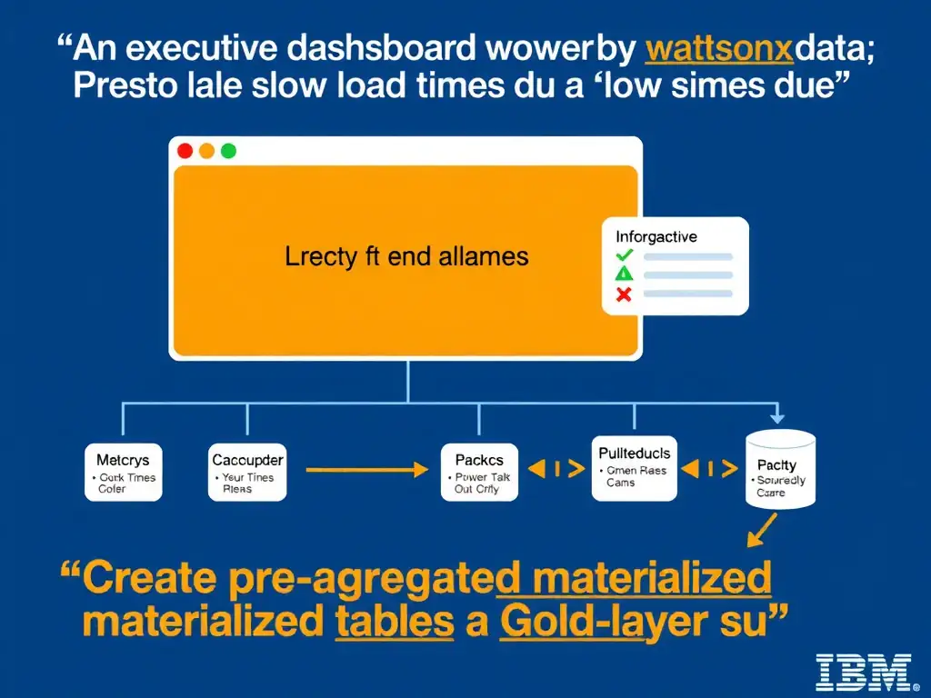 Educational infographic for IBM watsonx.data certification showing 'An executive dashboard powered by watsonx.data Presto shows slow load times due '. Illustrate the concept of 'Create pre-aggregated materialized tables or a Gold-layer su' with a clean technical diagram, data flow arrows, and labeled components on a dark blue background with IBM styling.