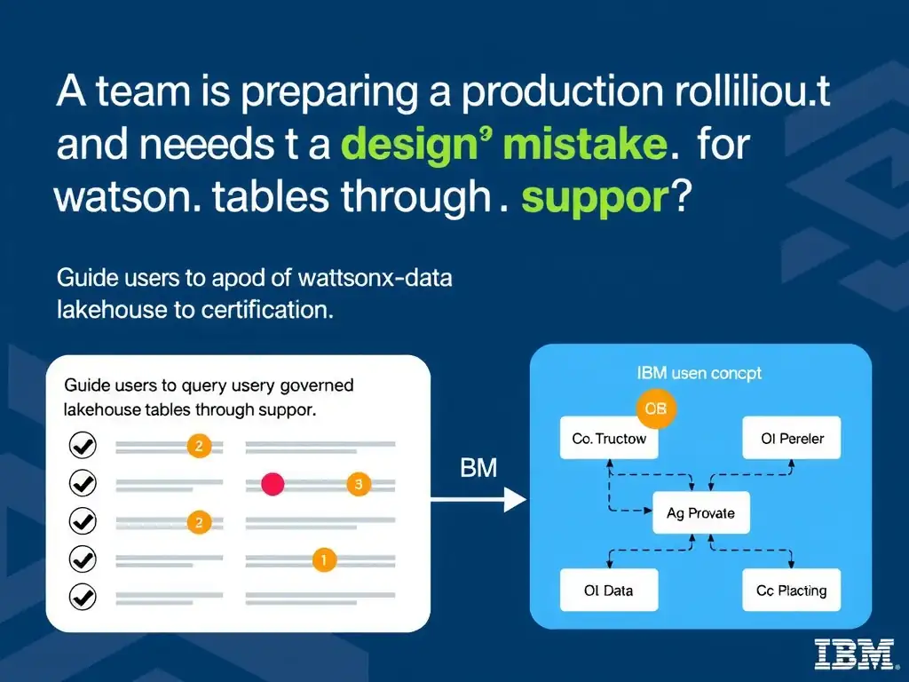 Educational infographic for IBM watsonx.data certification showing 'A team is preparing a production rollout and needs to avoid a design mistake. Fo'. Illustrate the concept of 'Guide users to query governed lakehouse tables through suppo' with a clean technical diagram, data flow arrows, and labeled components on a dark blue background with IBM styling.