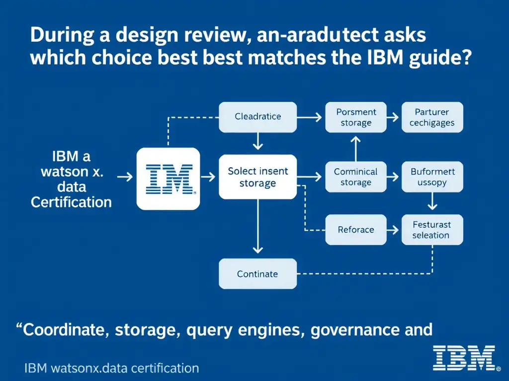 Educational infographic for IBM watsonx.data certification showing 'During a design review, an architect asks which choice best matches the IBM guid'. Illustrate the concept of 'Coordinate storage, metadata, query engines, governance, and' with a clean technical diagram, data flow arrows, and labeled components on a dark blue background with IBM styling.