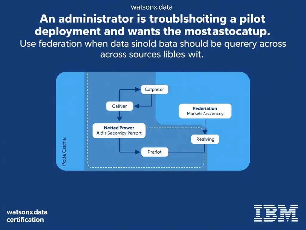 Educational infographic for IBM watsonx.data certification showing 'An administrator is troubleshooting a pilot deployment and wants the most approp'. Illustrate the concept of 'Use federation when data should be queried across sources wi' with a clean technical diagram, data flow arrows, and labeled components on a dark blue background with IBM styling.
