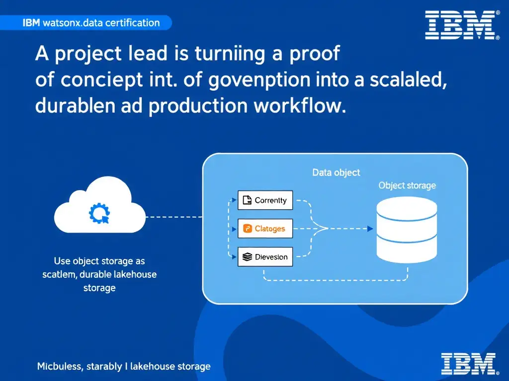 Educational infographic for IBM watsonx.data certification showing 'A project lead is turning a proof of concept into a governed production workflow'. Illustrate the concept of 'Use object storage as scalable, durable lakehouse storage wh' with a clean technical diagram, data flow arrows, and labeled components on a dark blue background with IBM styling.
