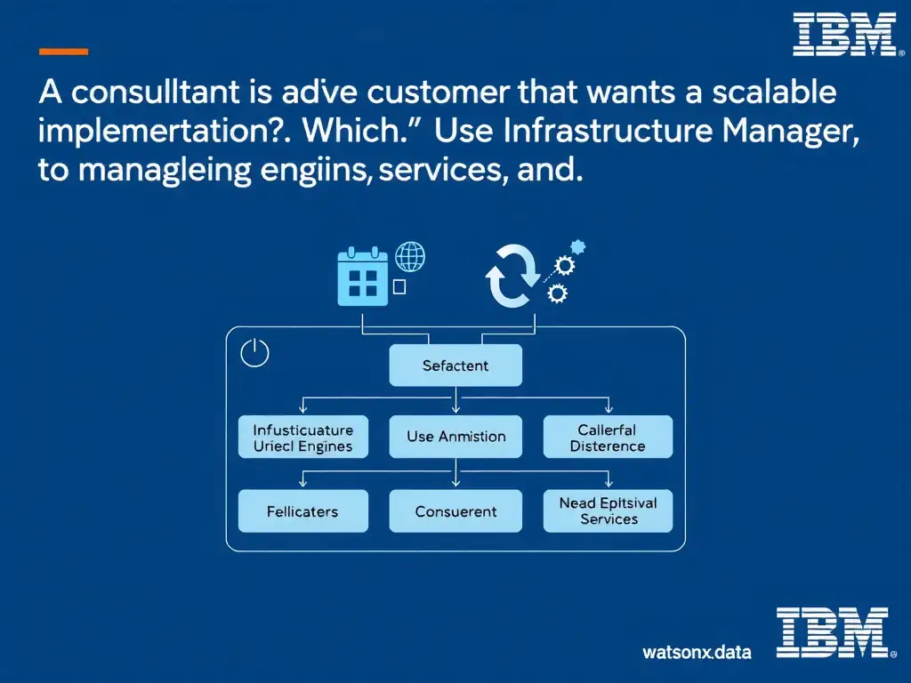 Educational infographic for IBM watsonx.data certification showing 'A consultant is advising a customer that wants a scalable implementation. Which '. Illustrate the concept of 'Use Infrastructure Manager to manage engines, services, and ' with a clean technical diagram, data flow arrows, and labeled components on a dark blue background with IBM styling.