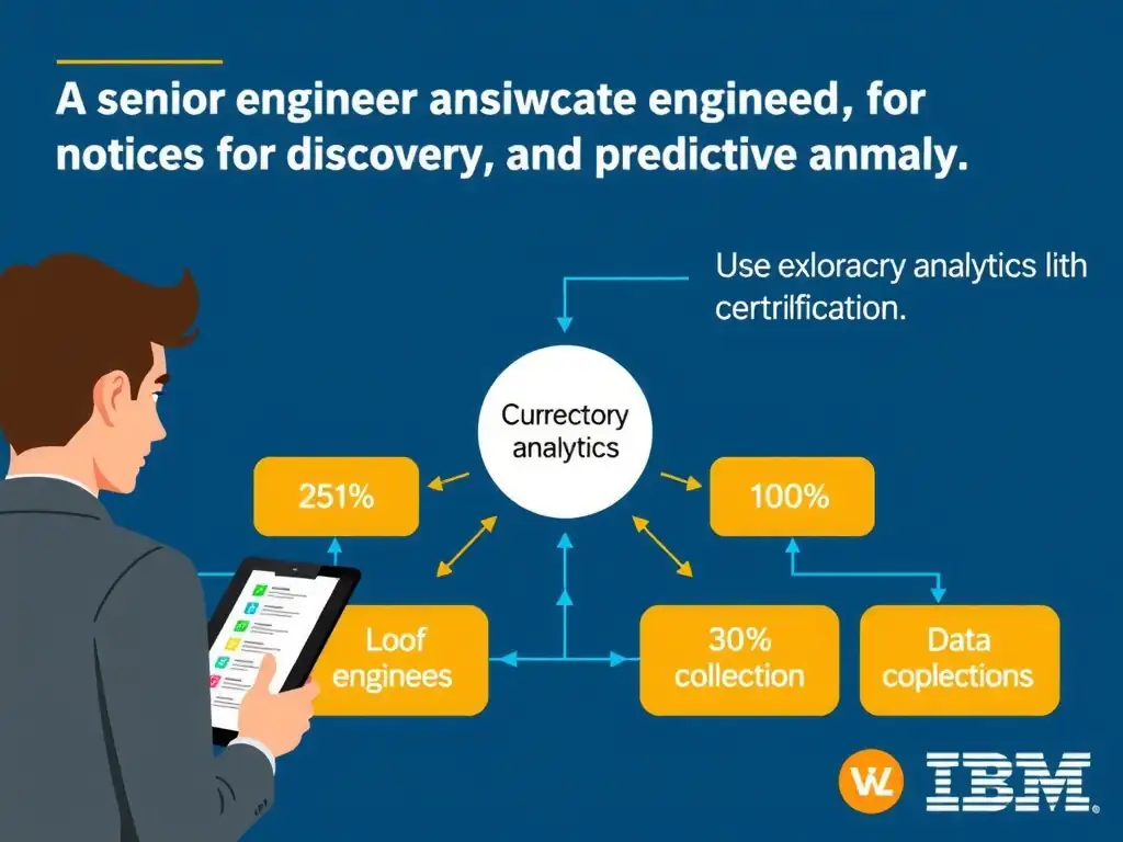 Educational infographic for IBM watsonx.data certification showing 'A senior engineer reviews the current plan and notices that one key control is m'. Illustrate the concept of 'Use exploratory analytics for discovery and predictive analy' with a clean technical diagram, data flow arrows, and labeled components on a dark blue background with IBM styling.