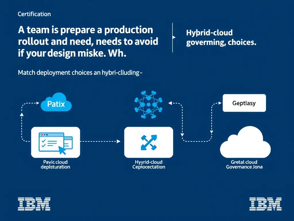 Educational infographic for IBM watsonx.data certification showing 'A team is preparing a production rollout and needs to avoid a design mistake. Wh'. Illustrate the concept of 'Match deployment choices to hybrid-cloud, governance, and op' with a clean technical diagram, data flow arrows, and labeled components on a dark blue background with IBM styling.