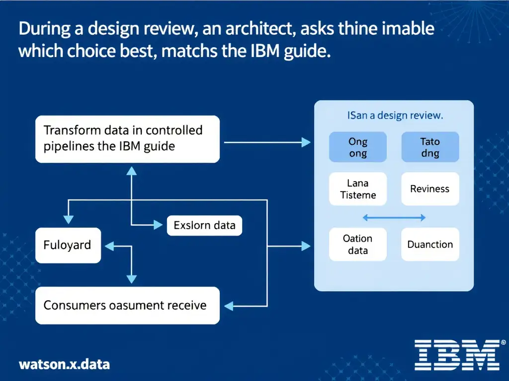 Educational infographic for IBM watsonx.data certification showing 'During a design review, an architect asks which choice best matches the IBM guid'. Illustrate the concept of 'Transform data in controlled pipelines so consumers receive ' with a clean technical diagram, data flow arrows, and labeled components on a dark blue background with IBM styling.