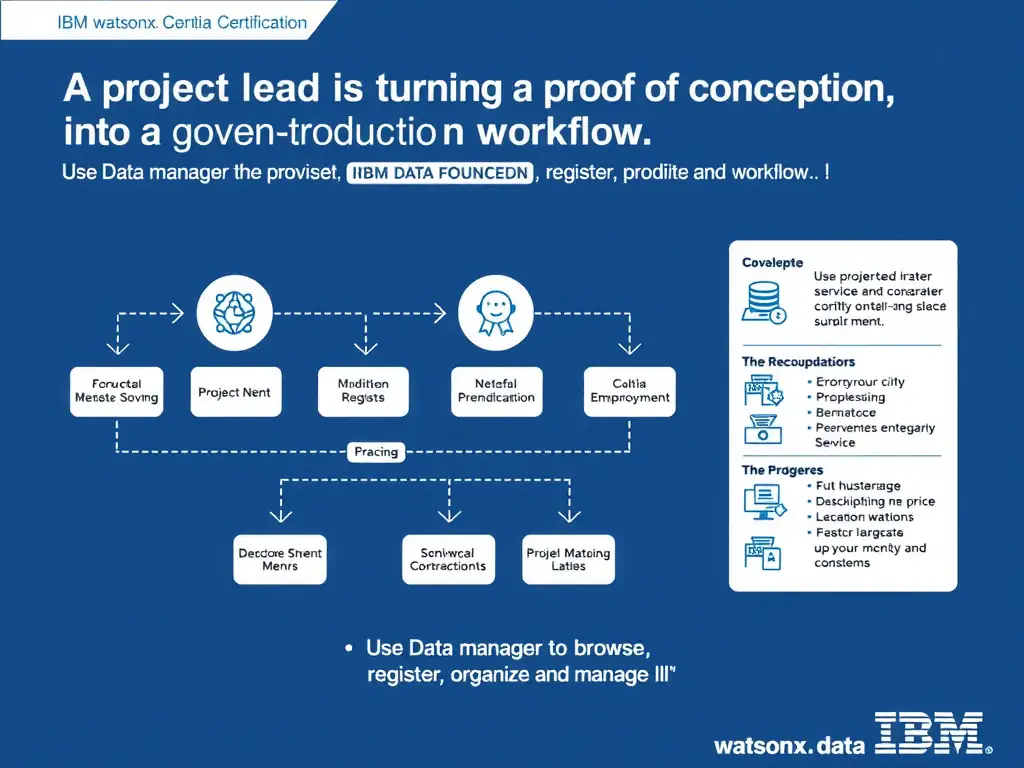 Educational infographic for IBM watsonx.data certification showing 'A project lead is turning a proof of concept into a governed production workflow'. Illustrate the concept of 'Use Data manager to browse, register, organize, and manage l' with a clean technical diagram, data flow arrows, and labeled components on a dark blue background with IBM styling.