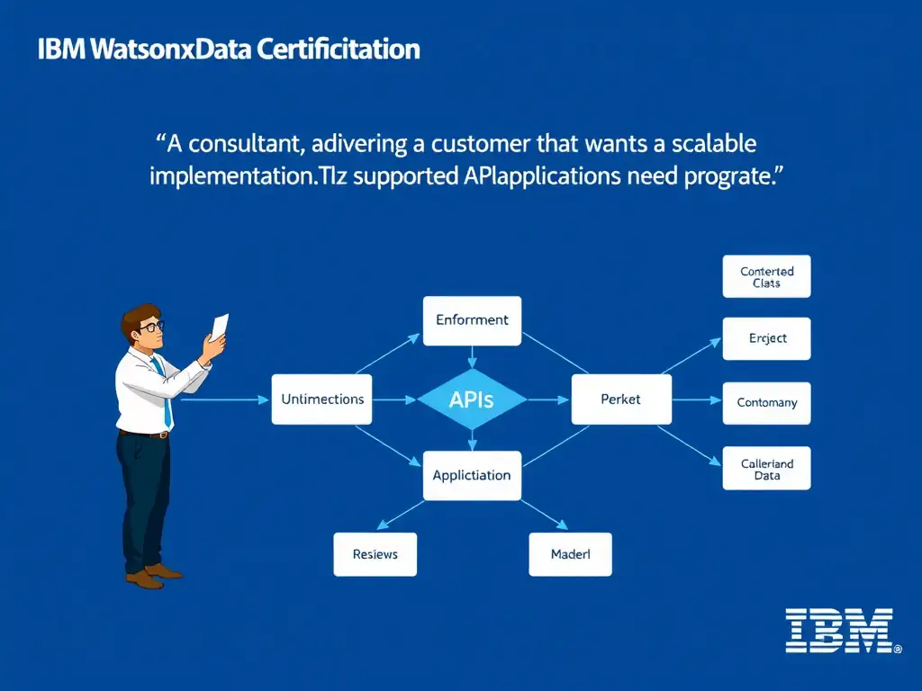 Educational infographic for IBM watsonx.data certification showing 'A consultant is advising a customer that wants a scalable implementation. The te'. Illustrate the concept of 'Use supported APIs and clients when applications need progra' with a clean technical diagram, data flow arrows, and labeled components on a dark blue background with IBM styling.