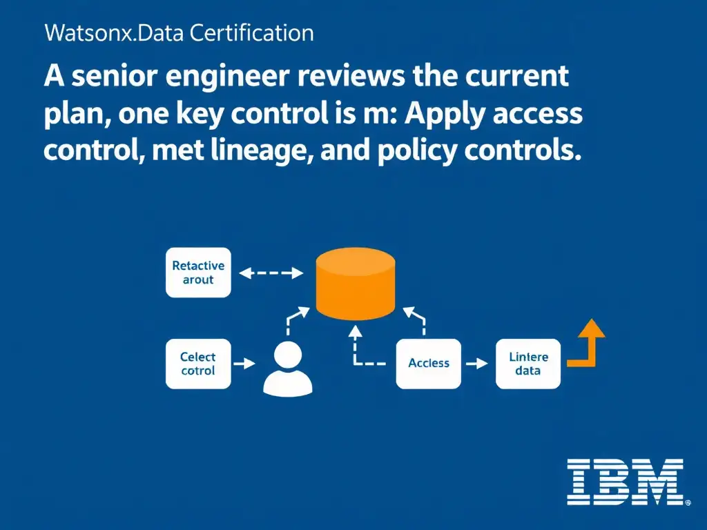 Educational infographic for IBM watsonx.data certification showing 'A senior engineer reviews the current plan and notices that one key control is m'. Illustrate the concept of 'Apply access control, metadata, lineage, and policy controls' with a clean technical diagram, data flow arrows, and labeled components on a dark blue background with IBM styling.