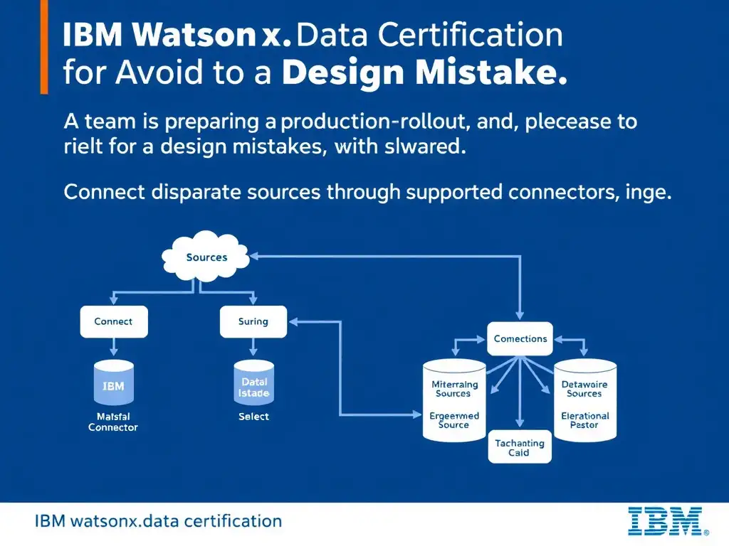 Educational infographic for IBM watsonx.data certification showing 'A team is preparing a production rollout and needs to avoid a design mistake. Wh'. Illustrate the concept of 'Connect disparate sources through supported connectors, inge' with a clean technical diagram, data flow arrows, and labeled components on a dark blue background with IBM styling.