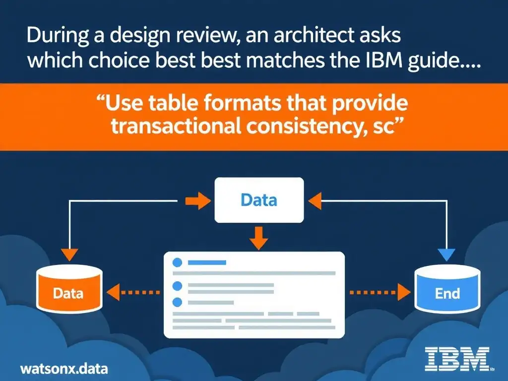Educational infographic for IBM watsonx.data certification showing 'During a design review, an architect asks which choice best matches the IBM guid'. Illustrate the concept of 'Use table formats that provide transactional consistency, sc' with a clean technical diagram, data flow arrows, and labeled components on a dark blue background with IBM styling.