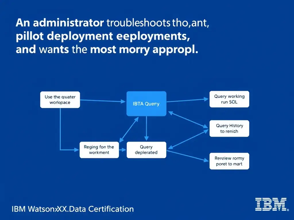 Educational infographic for IBM watsonx.data certification showing 'An administrator is troubleshooting a pilot deployment and wants the most approp'. Illustrate the concept of 'Use query workspace to run SQL and query history to review e' with a clean technical diagram, data flow arrows, and labeled components on a dark blue background with IBM styling.