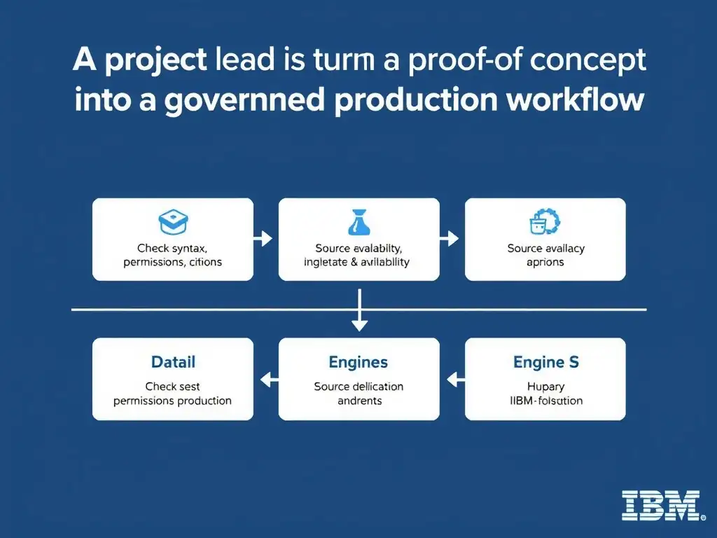 Educational infographic for IBM watsonx.data certification showing 'A project lead is turning a proof of concept into a governed production workflow'. Illustrate the concept of 'Check syntax, permissions, source availability, and engine s' with a clean technical diagram, data flow arrows, and labeled components on a dark blue background with IBM styling.