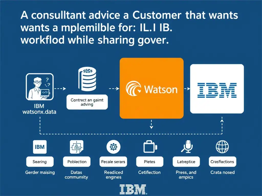Educational infographic for IBM watsonx.data certification showing 'A consultant is advising a customer that wants a scalable implementation. For IB'. Illustrate the concept of 'Select the right engine for the workload while sharing gover' with a clean technical diagram, data flow arrows, and labeled components on a dark blue background with IBM styling.