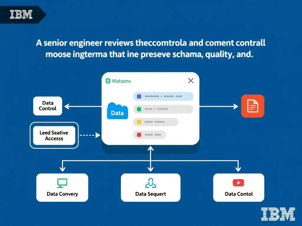 Educational infographic for IBM watsonx.data certification showing 'A senior engineer reviews the current plan and notices that one key control is m'. Illustrate the concept of 'Choose ingestion patterns that preserve schema, quality, and' with a clean technical diagram, data flow arrows, and labeled components on a dark blue background with IBM styling.