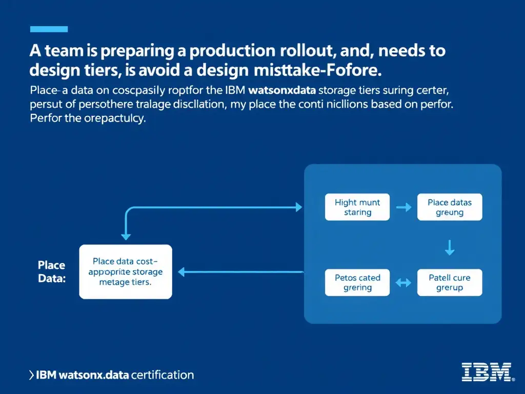 Educational infographic for IBM watsonx.data certification showing 'A team is preparing a production rollout and needs to avoid a design mistake. Fo'. Illustrate the concept of 'Place data on cost-appropriate storage tiers based on perfor' with a clean technical diagram, data flow arrows, and labeled components on a dark blue background with IBM styling.