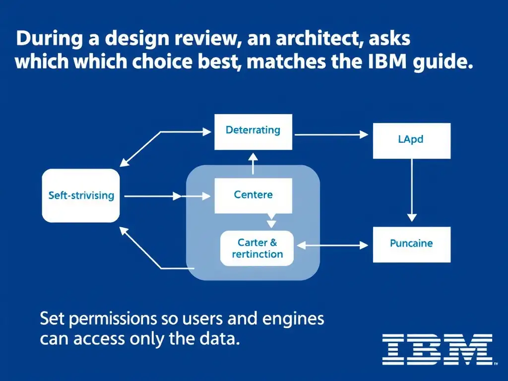 Educational infographic for IBM watsonx.data certification showing 'During a design review, an architect asks which choice best matches the IBM guid'. Illustrate the concept of 'Set permissions so users and engines can access only the dat' with a clean technical diagram, data flow arrows, and labeled components on a dark blue background with IBM styling.