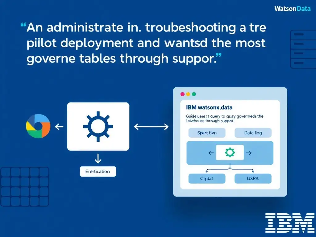 Educational infographic for IBM watsonx.data certification showing 'An administrator is troubleshooting a pilot deployment and wants the most approp'. Illustrate the concept of 'Guide users to query governed lakehouse tables through suppo' with a clean technical diagram, data flow arrows, and labeled components on a dark blue background with IBM styling.