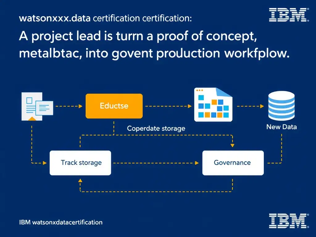 Educational infographic for IBM watsonx.data certification showing 'A project lead is turning a proof of concept into a governed production workflow'. Illustrate the concept of 'Coordinate storage, metadata, query engines, governance, and' with a clean technical diagram, data flow arrows, and labeled components on a dark blue background with IBM styling.