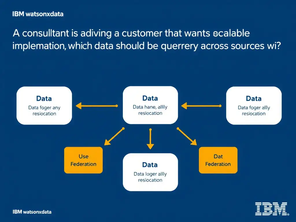 Educational infographic for IBM watsonx.data certification showing 'A consultant is advising a customer that wants a scalable implementation. Which '. Illustrate the concept of 'Use federation when data should be queried across sources wi' with a clean technical diagram, data flow arrows, and labeled components on a dark blue background with IBM styling.