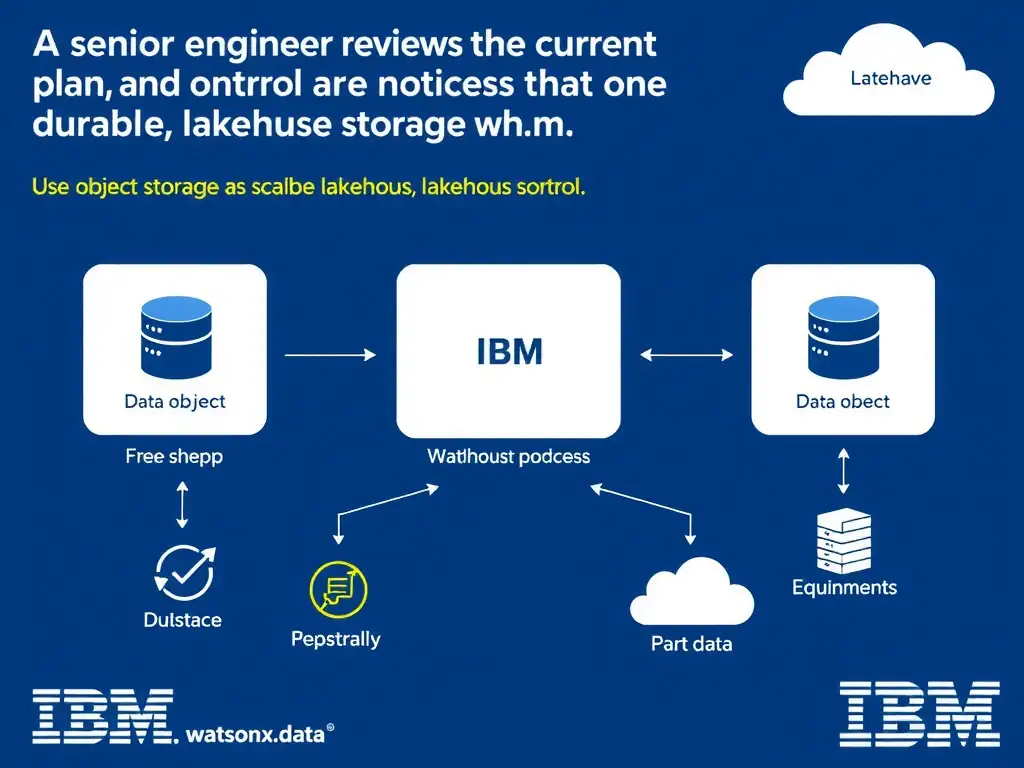 Educational infographic for IBM watsonx.data certification showing 'A senior engineer reviews the current plan and notices that one key control is m'. Illustrate the concept of 'Use object storage as scalable, durable lakehouse storage wh' with a clean technical diagram, data flow arrows, and labeled components on a dark blue background with IBM styling.