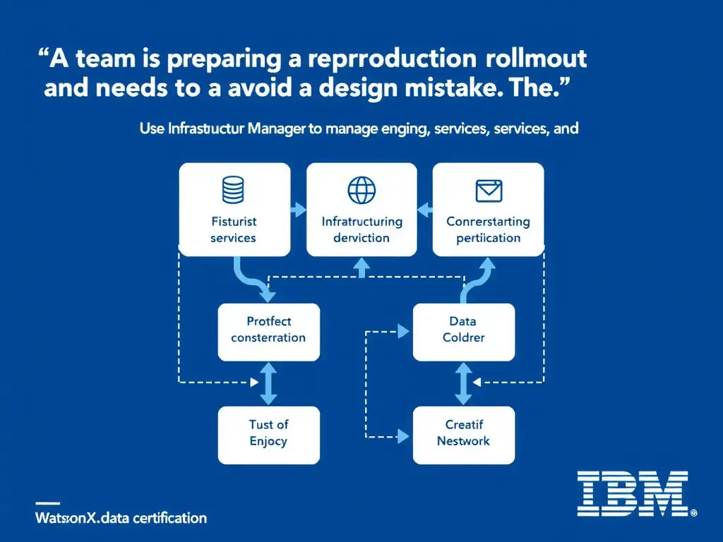 Educational infographic for IBM watsonx.data certification showing 'A team is preparing a production rollout and needs to avoid a design mistake. Th'. Illustrate the concept of 'Use Infrastructure Manager to manage engines, services, and ' with a clean technical diagram, data flow arrows, and labeled components on a dark blue background with IBM styling.