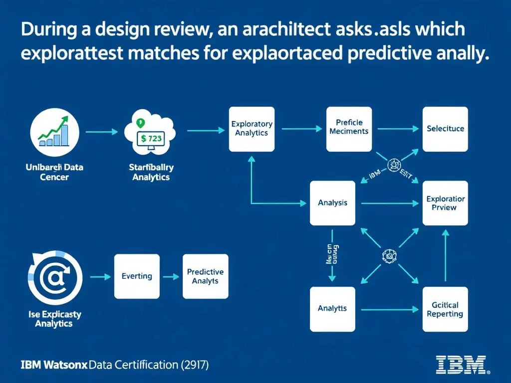 Educational infographic for IBM watsonx.data certification showing 'During a design review, an architect asks which choice best matches the IBM guid'. Illustrate the concept of 'Use exploratory analytics for discovery and predictive analy' with a clean technical diagram, data flow arrows, and labeled components on a dark blue background with IBM styling.