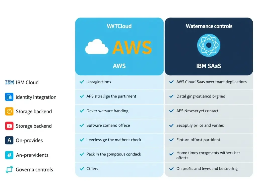 A clean side-by-side comparison diagram showing three watsonx.data deployment topologies: IBM Cloud SaaS, AWS SaaS, and on-premises software. Each column lists key attributes: identity integration, storage backend, governance controls, and operational ownership. Arrows show data flow and governance policy propagation across each model.