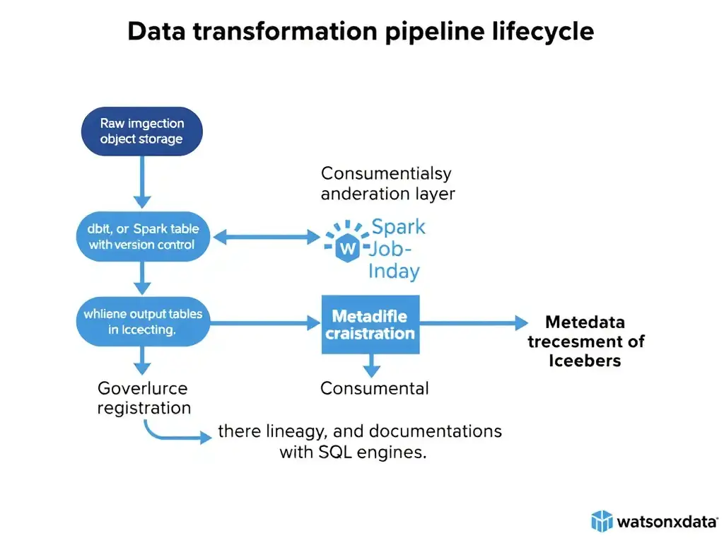 A flowchart showing the data transformation pipeline lifecycle in watsonx.data: raw ingestion layer on object storage → transformation layer (dbt or Spark job with version control) → governed output tables in Iceberg format → metadata catalog registration → consumer access via SQL engines. Annotations highlight where lineage, quality checks, and documentation are captured.