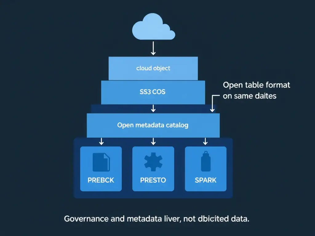 An architecture layer diagram showing the open lakehouse stack from bottom to top: cloud object storage (S3/COS) → open table format files (Iceberg manifest and data files) → shared metadata catalog (Hive Metastore) → multiple query engines (Presto, Spark, Db2) accessing the same data → governance and access control layer on top. Arrows show that engines read metadata, not duplicated data.