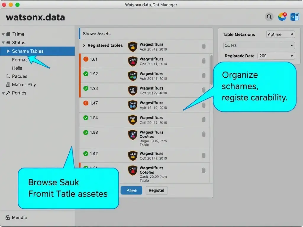 A screenshot-style diagram of the watsonx.data Data Manager UI showing: left panel with schema/catalog tree, center panel listing registered tables with status badges, and right panel showing table metadata (format, size, location, registration date). Callout boxes highlight the Register button, Browse Assets section, and Organize schemas capability.