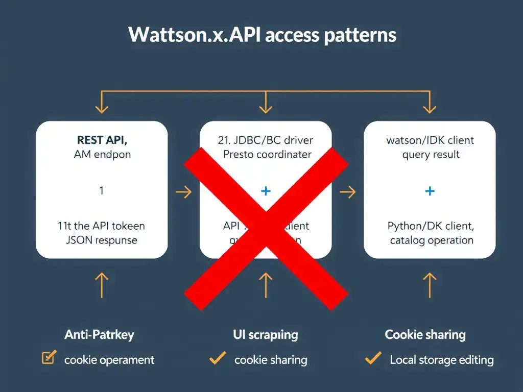 A diagram showing three legitimate API access patterns for watsonx.data: (1) REST API flow with IAM token → API endpoint → JSON response, (2) JDBC/ODBC driver flow from BI tool → Presto coordinator → query result, (3) Python/SDK client flow with API key → watsonx.data client → catalog operation. A red X overlays three anti-patterns: UI scraping, cookie sharing, and local storage editing.