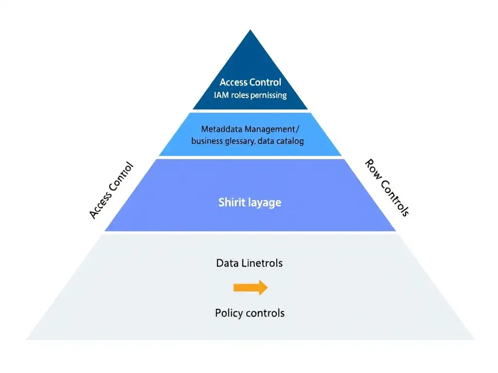 A four-layer governance pyramid diagram for watsonx.data: bottom layer shows Access Control (IAM roles, table permissions, row/column masking), second layer shows Metadata Management (schema definitions, business glossary, data catalog), third layer shows Data Lineage (tracking data from source to consumer), top layer shows Policy Controls (data classification, retention, compliance rules). Arrows show how each layer feeds into and enforces the others.