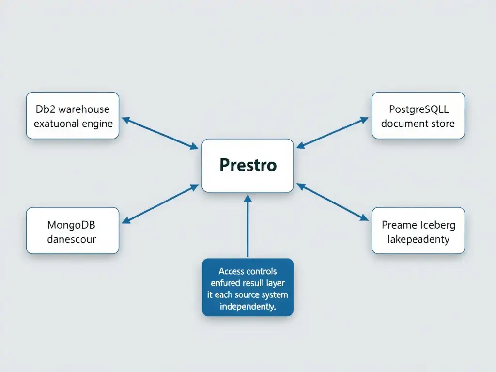 A federation architecture diagram showing IBM watsonx.data Presto engine in the center with federation connectors extending outward to four external data sources (Db2 warehouse, PostgreSQL OLTP, MongoDB document store, remote Iceberg lakehouse). Arrows show query predicate pushdown flowing from Presto to each source, and filtered result sets returning to Presto for join/aggregation. A small panel shows that access controls are enforced at both the Presto layer and at each source system independently.