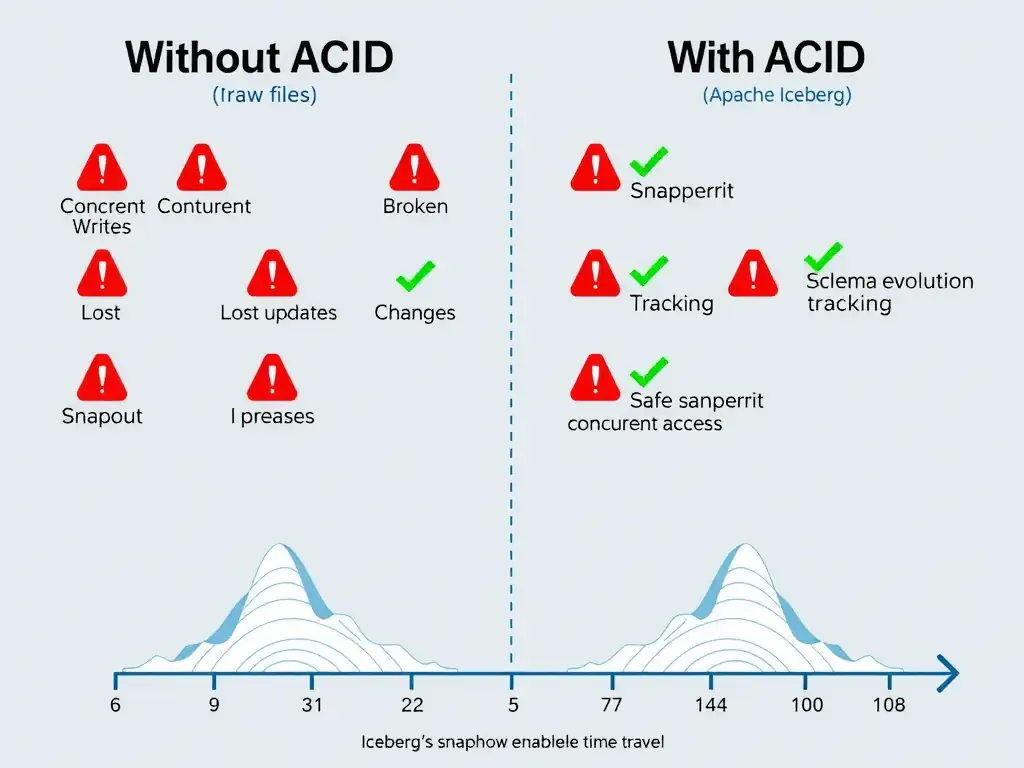 A comparison diagram split into two columns: left column labeled 'Without ACID (raw files)' shows scenarios of data corruption from concurrent writes, lost updates, and broken schema changes with red warning icons; right column labeled 'With ACID (Apache Iceberg)' shows the same scenarios resolved via snapshot isolation, schema evolution tracking, and safe concurrent access with green checkmarks. A timeline at the bottom shows Iceberg's snapshot history enabling time travel.