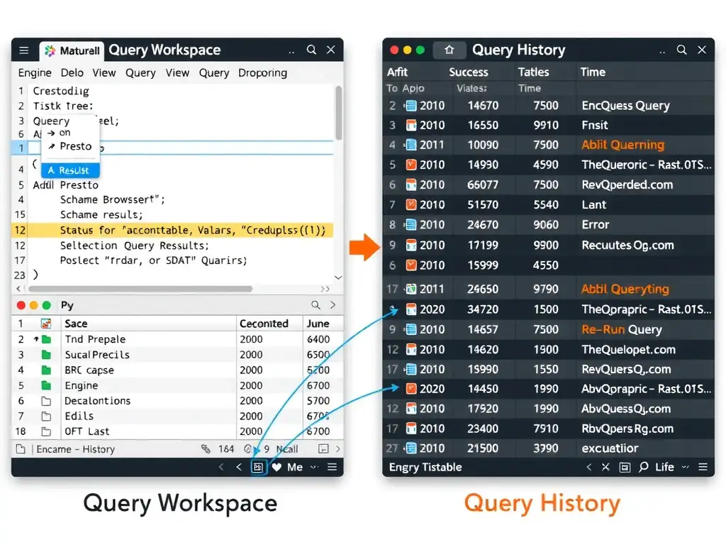 A side-by-side screenshot diagram of two watsonx.data console panels: left panel labeled 'Query Workspace' showing a SQL editor with engine dropdown (Presto selected), schema browser tree, and query results table; right panel labeled 'Query History' showing a table of past queries with columns for timestamp, status (success/failed), execution time, engine, and error message. An arrow connects a failed query in History to the editor where it can be re-run.