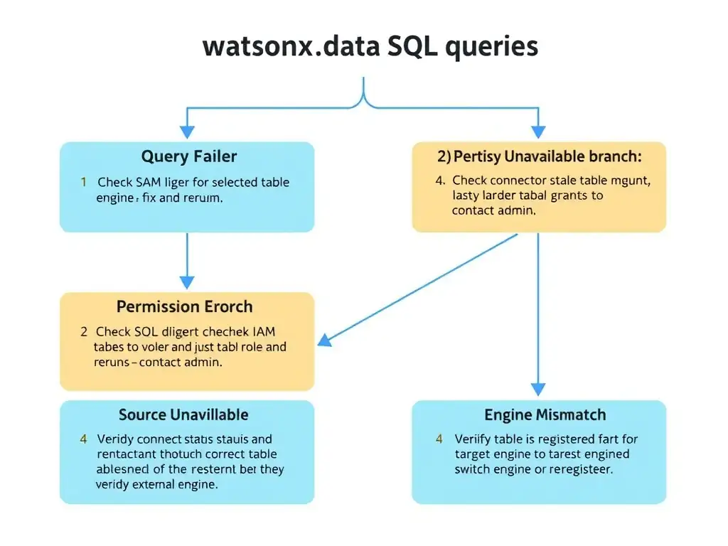 A troubleshooting flowchart for failed watsonx.data SQL queries, starting from 'Query Failed' with four branching diagnostic paths: (1) Syntax Error branch → check SQL dialect for selected engine → fix and rerun; (2) Permission Error branch → check IAM role and table grants → contact admin; (3) Source Unavailable branch → check connector status and network → verify external system; (4) Engine Mismatch branch → verify table is registered for target engine → switch engine or re-register. Each branch ends with a resolution action.
