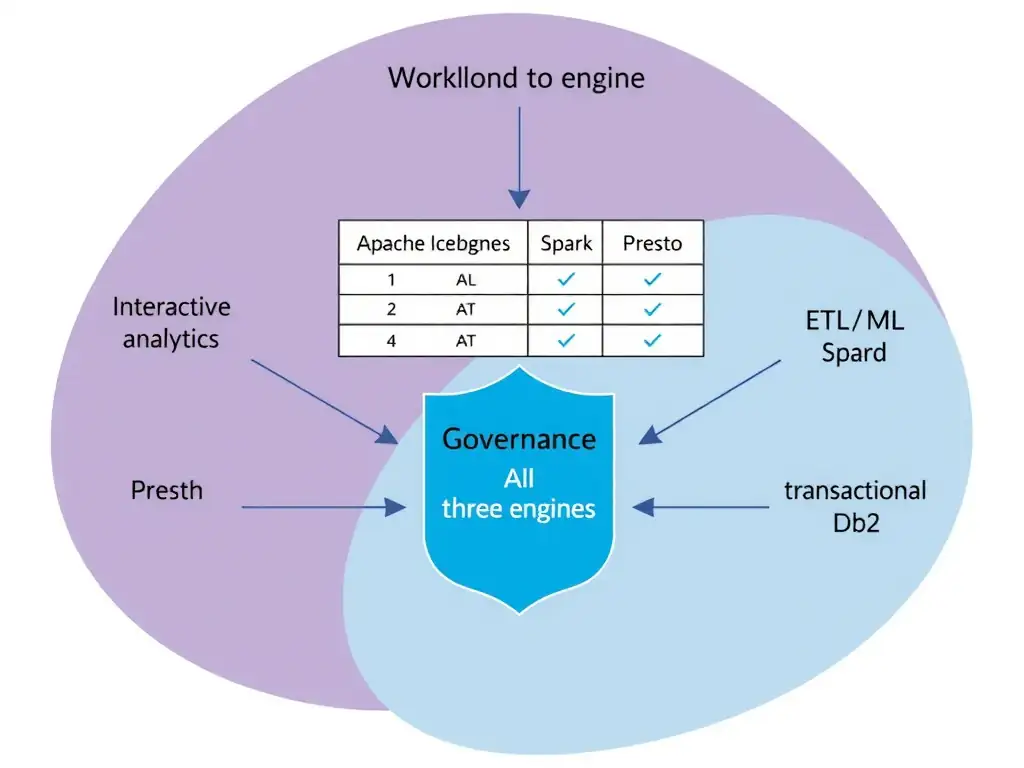 A diagram showing three query engines (Presto, Spark, Db2) arranged around a central shared data layer (Apache Iceberg tables on object storage with HMS catalog). Arrows from each engine point to the shared layer showing they read the same data. Above the engines, a workload-to-engine mapping table shows: interactive analytics → Presto, ETL/ML → Spark, transactional SQL → Db2. A governance shield overlays all three engines equally.