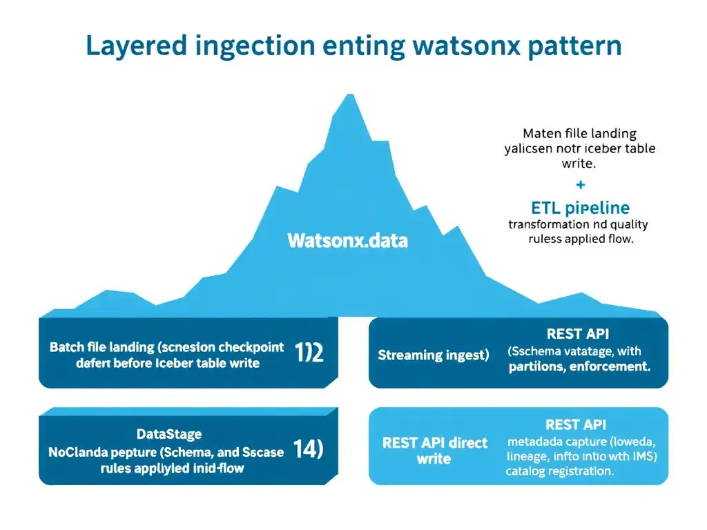 A layered ingestion design diagram showing four ingestion patterns entering watsonx.data: (1) Batch file landing with schema validation checkpoint before Iceberg table write, (2) ETL pipeline (DataStage) with transformation and quality rules applied mid-flow, (3) Streaming ingest with schema registry enforcement, (4) REST API direct write with catalog registration. Each pattern shows metadata capture (schema, lineage, partition info) flowing into the HMS catalog alongside the data.