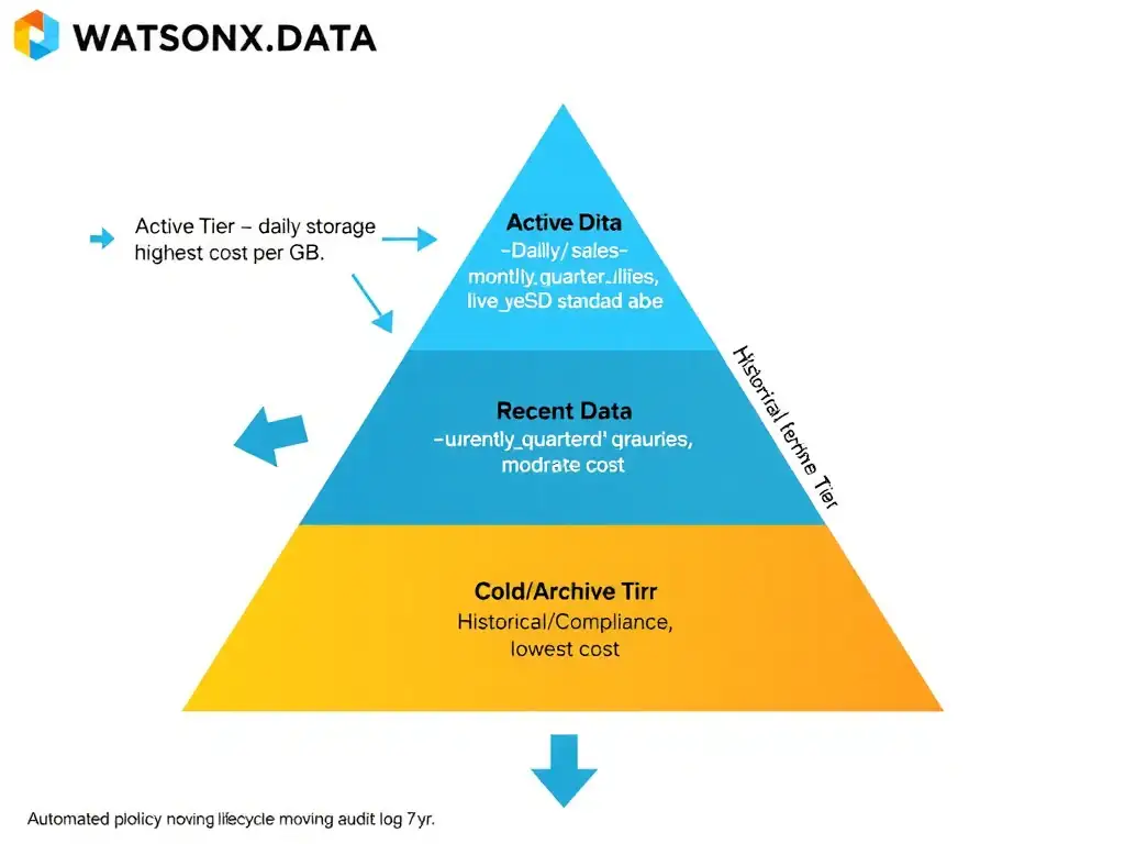 A tiered storage pyramid diagram for watsonx.data with three levels: top level (Hot Tier) labeled 'Active Data — daily/weekly queries, NVMe/SSD, highest cost per GB' with example tables (currentmonthsales, liveinventory); middle level (Warm Tier) labeled 'Recent Data — monthly/quarterly queries, standard SSD, moderate cost' with example tables (lastyeartransactions); bottom level (Cold/Archive Tier) labeled 'Historical/Compliance — rarely accessed, archive storage, lowest cost' with example tables (auditlog7yr). Arrows show automated lifecycle policy moving data down as it ages.