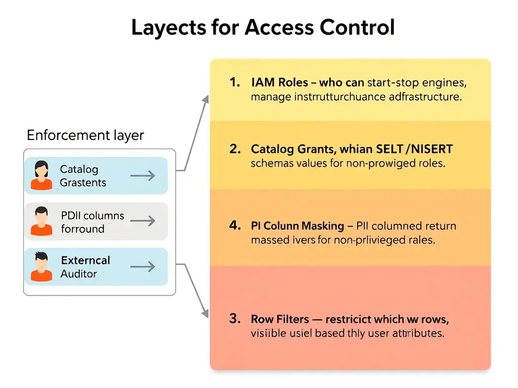 A layered access control diagram for watsonx.data showing four enforcement layers from top to bottom: (1) IAM Roles — who can start/stop engines, manage infrastructure; (2) Catalog Grants — who can SELECT/INSERT on schemas and tables; (3) Column Masking — PII columns return masked values for non-privileged roles; (4) Row Filters — policies that restrict which rows are visible based on user attributes. A user persona panel on the left shows different access levels for Admin, Analyst, and External Auditor roles mapped to each layer.
